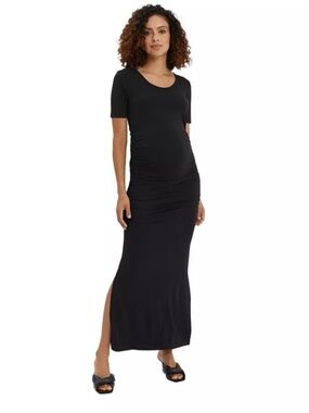 NOM Maternity Hugo Maxi Dress | Black Ruched Side Slit Dress | Size Small
